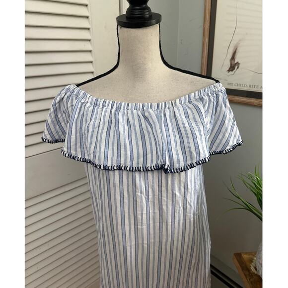 TOMMY BAHAMA Womens Dress Small Blue Ticking Stripe Off Shoulder Beach Summer - Picture 2 of 9